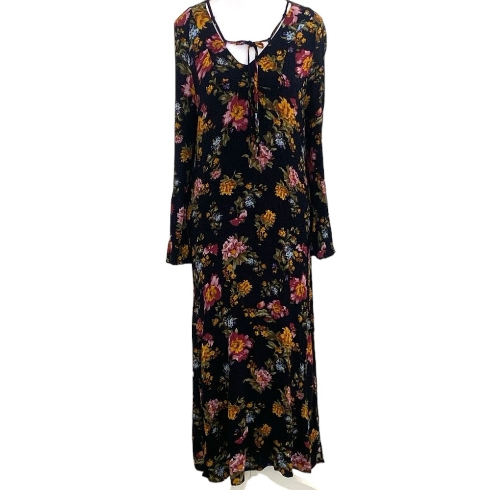 Natural Life Boho Long Bell Sleeve Side Slit Rayon Black Floral Maxi Dress